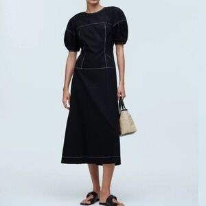 Madewell Size 12 Poplin Cotton Puff-Sleeve Drop-Waist Midi‎ Dress Summer LBD NWT